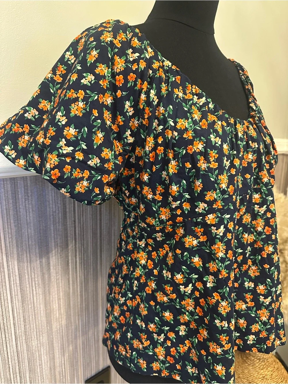 Old Navy Floral Puff Sleeve Peplum Blouse Square Neck Cottagecore Large